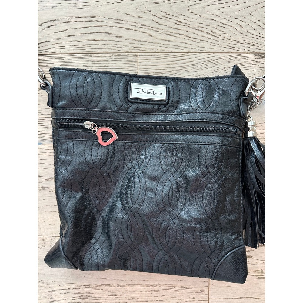 Bella Russo Womens Black Quilted Faux Leather Crossbody Bag Heart Charm Tassel